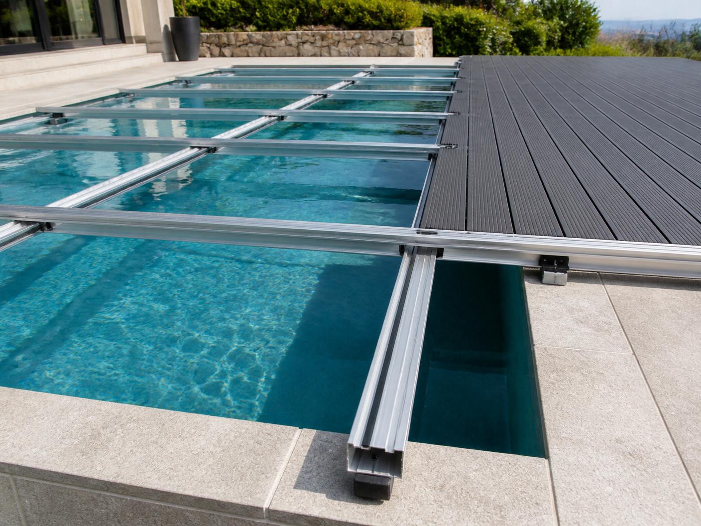 Armature aluminium reposant uniquement sur les margelles, sans aucun pied dans le bassin