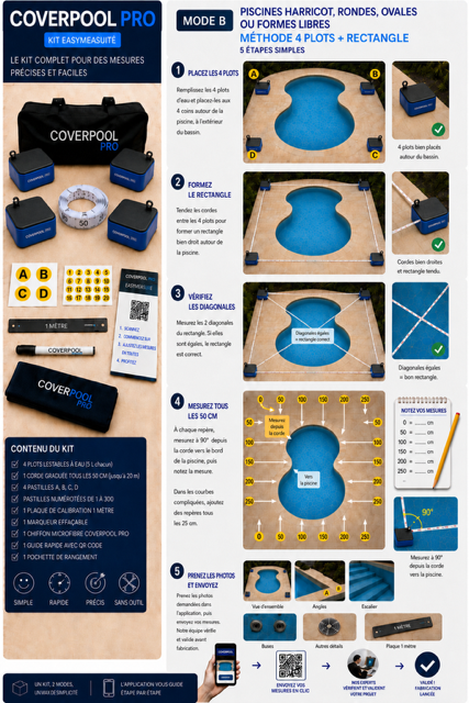 Kit CoverPool Pro Mode B : méthode de prise de mesures pour piscines haricot, rondes, ovales ou formes libres