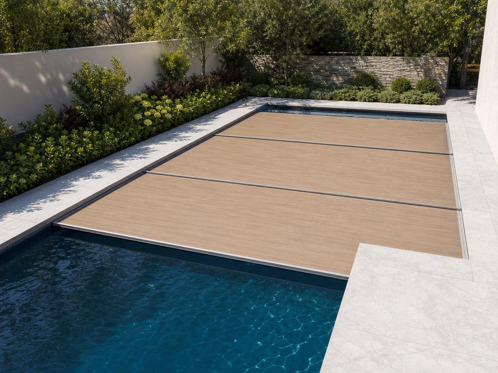Modules préfabriqués avec cadre aluminium et finition bois composite posés sur le bassin et recouvrant l'eau