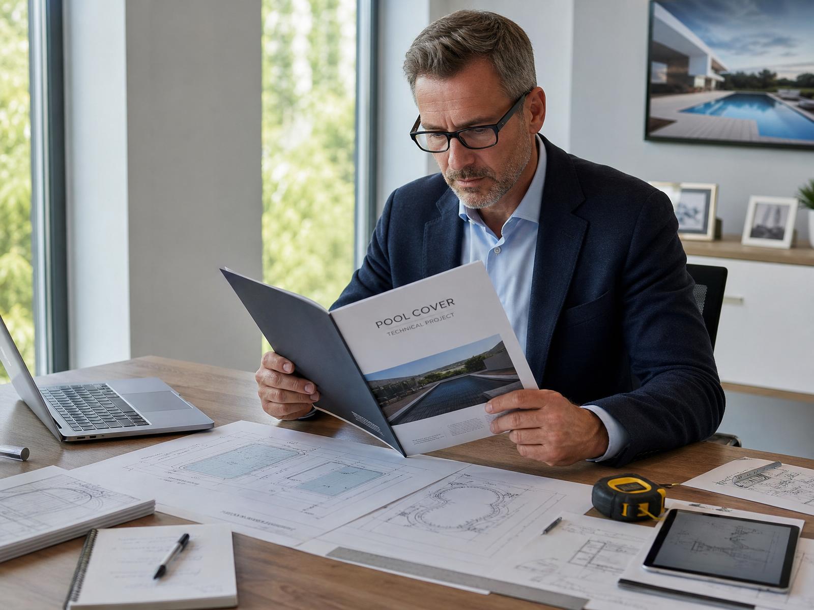 Professionnel COVERPOOL PRO étudiant un dossier technique avec plans de piscine et documents dans un bureau moderne