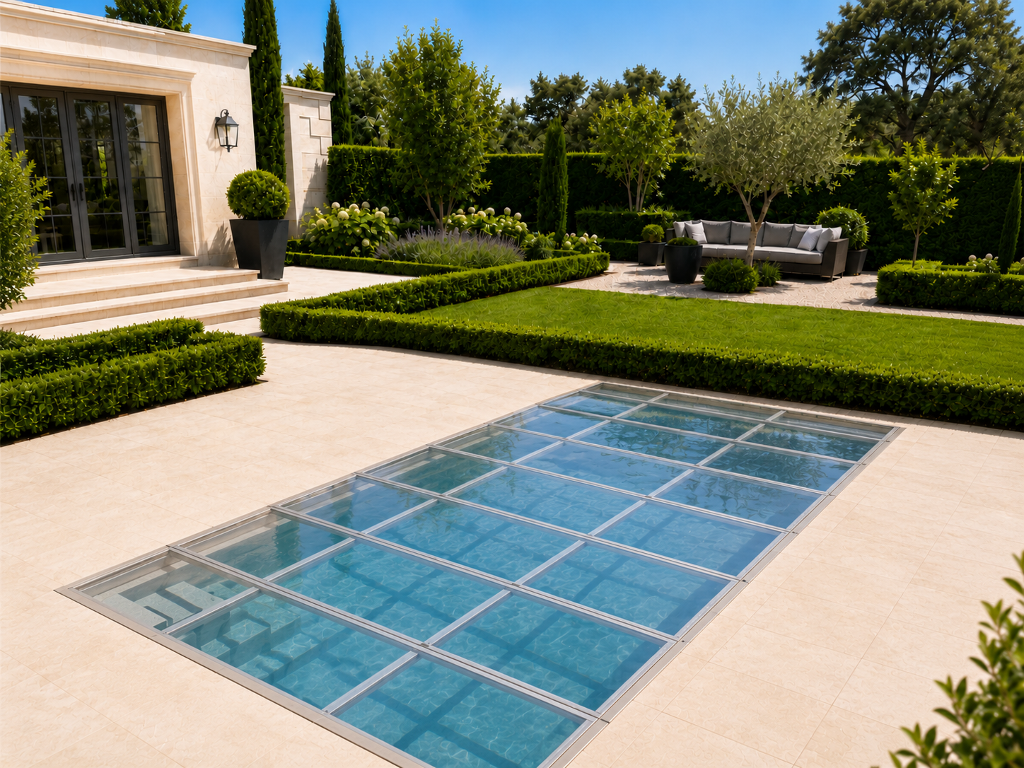Piscine entièrement recouverte avec panneaux Macrolon transparent, installation terminée
