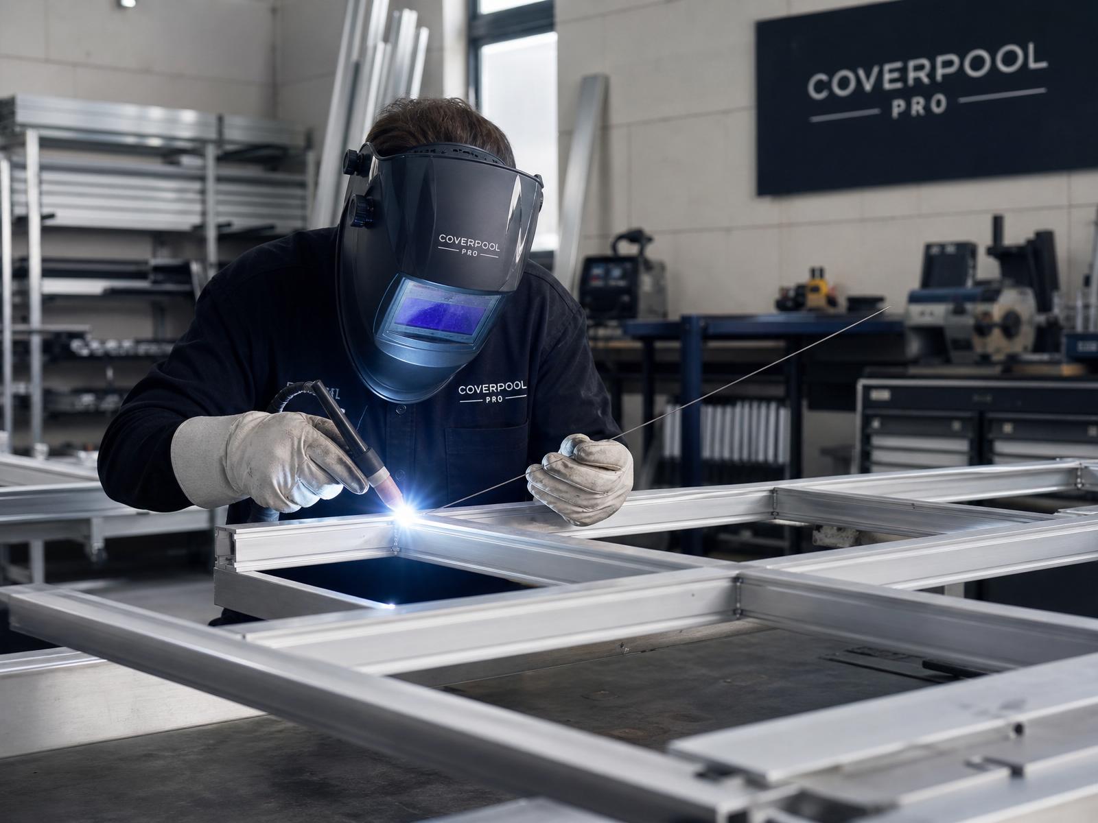 Ouvrier COVERPOOL PRO soudant une armature rectangulaire fine en aluminium dans un atelier moderne