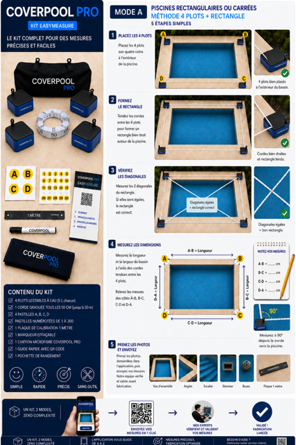 Kit CoverPool Pro Mode A : méthode de prise de mesures pour piscines rectangulaires ou carrées en 5 étapes